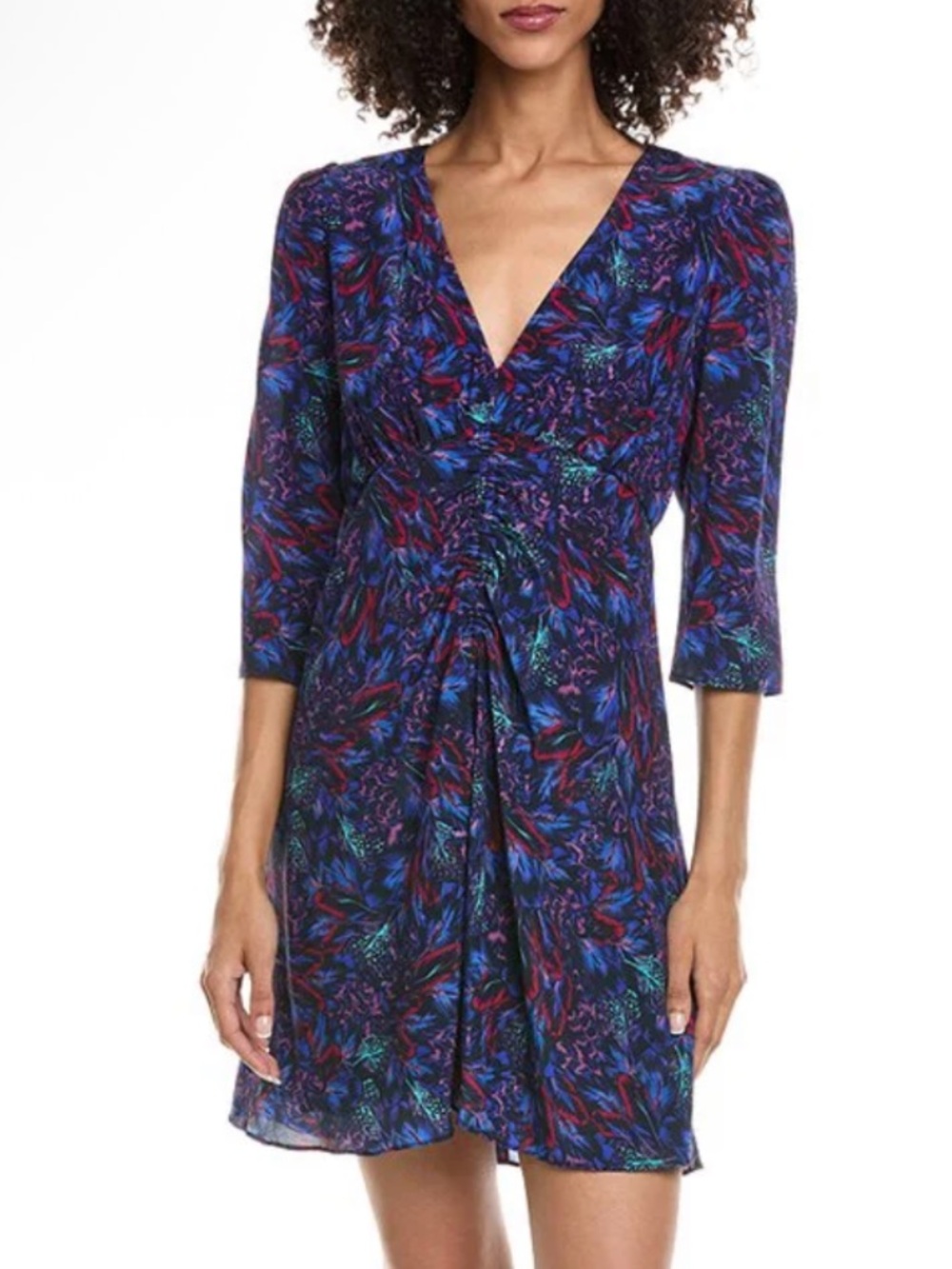 The Kooples SILK Feathers Multi-Print V-Neck Mini Dress NWT $525